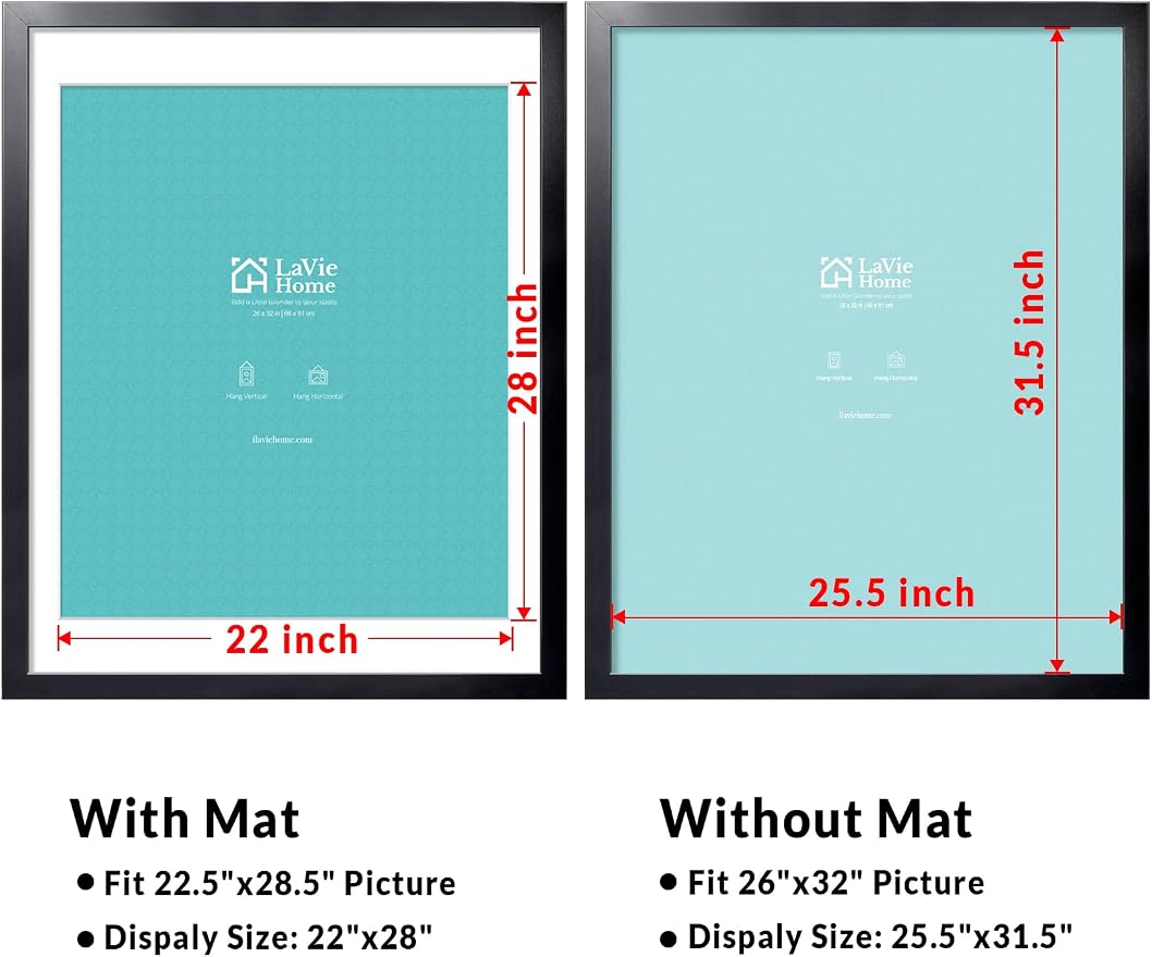 LaVie Home 26 x 32 Poster Frame Black, Display Pictures 22x28 with Mat or 26x32 Without Mat, Stable and Sturdy Picture Frame and Polished Plexiglass, Horizontal and Vertical Format of The Wall（1 Pack）