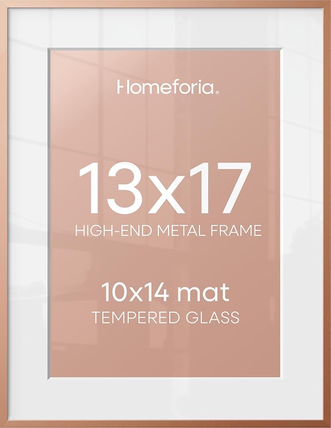 Homeforia 13x17 Picture Frame Rose Gold, High End Metal 13x17 Poster Frames with Mat 10x14 Photo, 13 x 17 Rose Gold Frame Matted to 10 by 14 Print, 17x13 Thin Frame, Tempered Glass, Wall Kit, Set of 1
