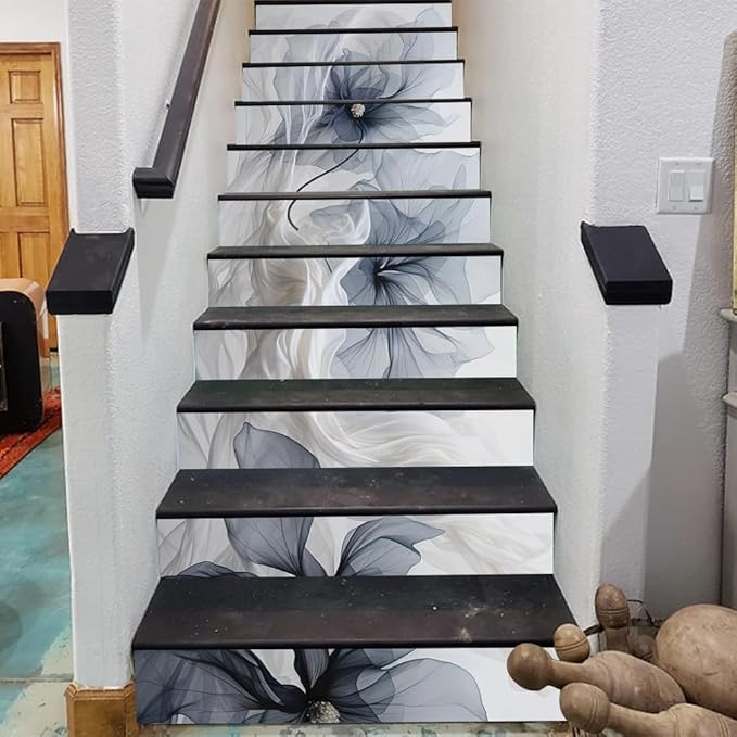 REDAMANCY Modern Grey/Navy/Blue Poppy Floral Peel and Stick Vinyl Stair Riser Decals Staircase Tile Stickers Decor Modern Marble Decoration Self-Adhesive(14 Pcs)