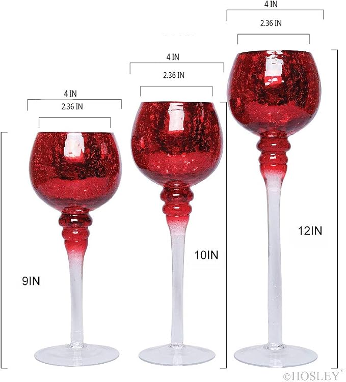 Hosley Set of 3 Crackle Red Glass Tealight Holders - 12 Inch, 10 Inch, 9 Inch Ideal for Weddings Special Events Parties Also Makes a Great Gift