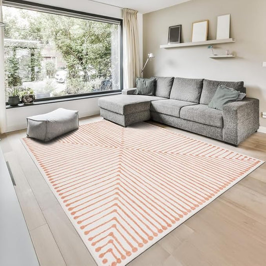 GLN Rugs Contemporary Collection - Machine Washable Area Rug, Contemporary Washable, Non Slip, Low Pile Chenille Rug, Living Room, Bedroom, Kitchen Rug (6' x 9' Orange Beige)