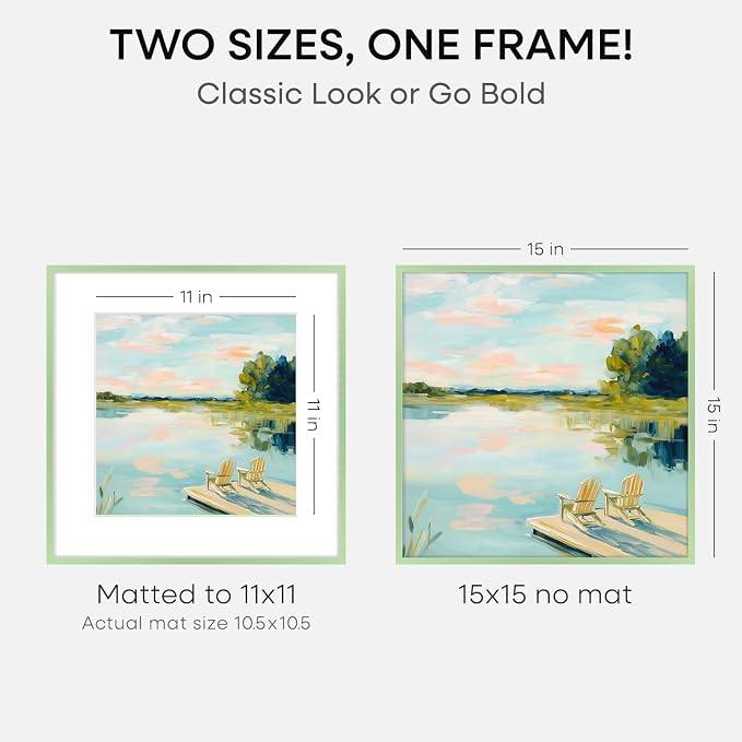 Homeforia 15x15 Picture Frame Sage Green, High End Metal 15 x 15 Square Poster Frames with Mat 11 x 11 Photo, 15x15 Frame Matted to 11x11 Art, 15by15 Hanging Frames, Tempered Glass, Wall Kit, Set of 1