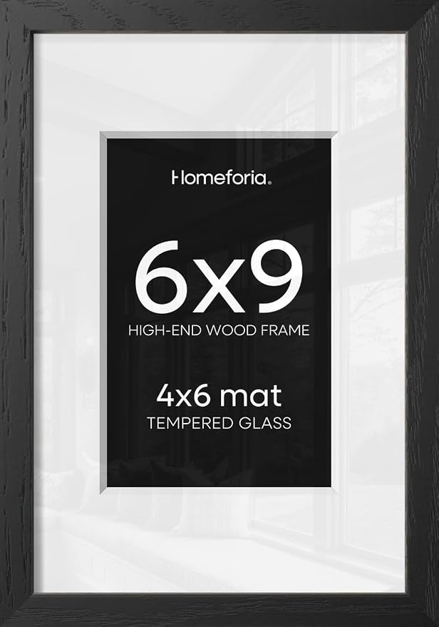 Homeforia 9x6 Black Wood Frame, High End Oak 6x9 Black Wooden Picture Frames with Mat 4x6 Print, 6 x 9 Frame Matted to 4 by 6 inch Photo, 6x9 Wall or Tabletop Frames, Tempered Glass, Wall Kit, Set of 1