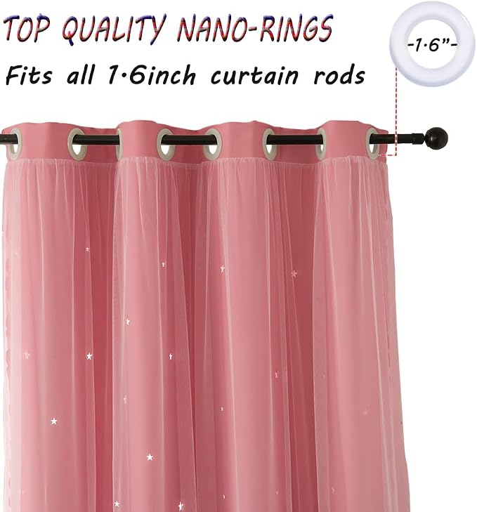Cute Star Blackout Curtains for Girls Bedroom, Princess Curtains, W52X L72 | 2 Panels Pink Thick Grommet Top Star Cutout Curtains, Double Layer Nursery Kids Curtains, Aesthetic Living Room Decor