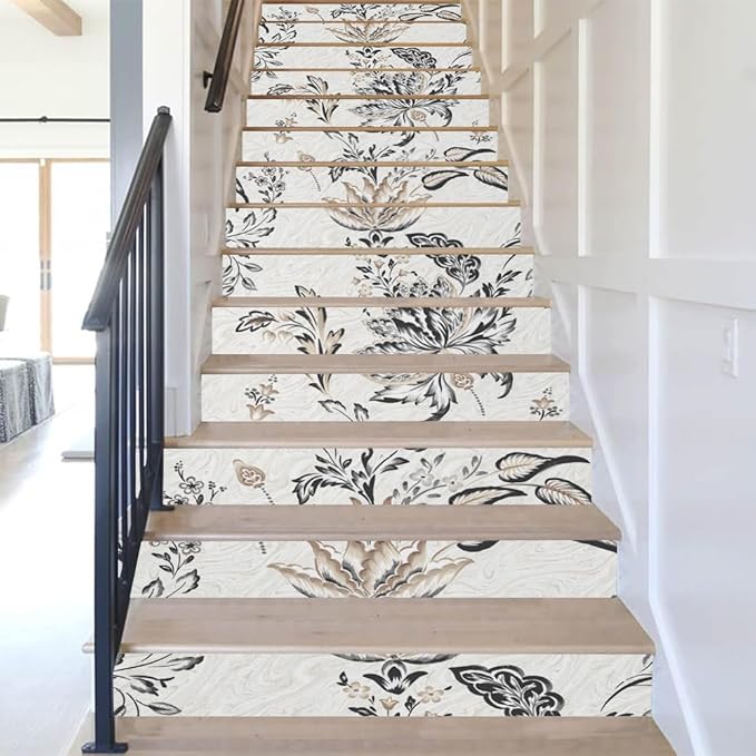 REDAMANCY Vintage White Grey Black Flower Paisley Peel and Stick Vinyl Stair Riser Decals Staircase Tile Stickers Decor Modern Marble Decoration Self-Adhesive(14 Pcs)