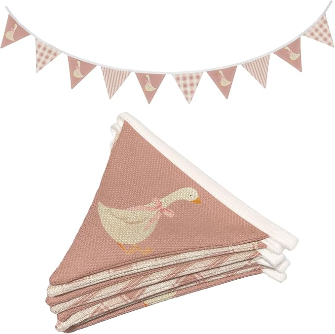 Goose Fabric Garland Banner, One Silly Goose Birthday Decor, Pink and White Checkered Garland Triangle Banners Bow Geese Baby Shower Party Decorations for 1st Birthday Party