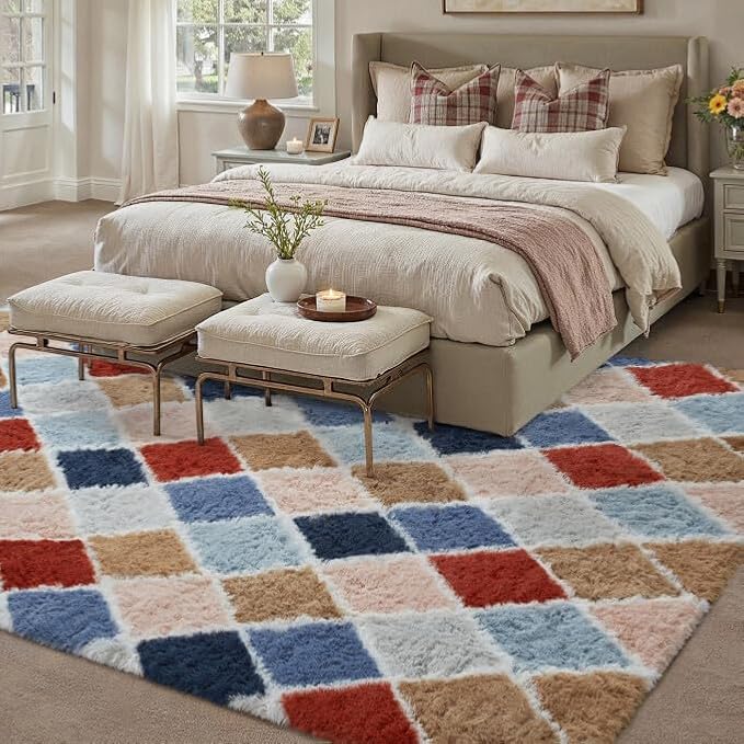 PureCozy 6x9 Checkered Rug for Living Room Rainbow Modern Soft Area Rug Fluffy Non-Slip Carpet for Bedroom Playroom Home Aesthetic Decor