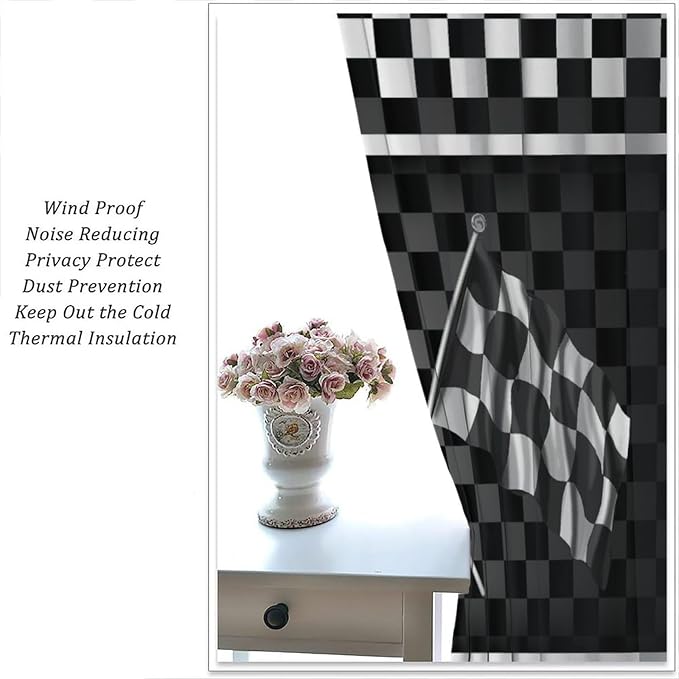 American Flag Window Curtain,Racing Car Black White Checkered Flag Abstract Sports Geometric Cloth Farbic Cafe Dining Room Office Living Room Kitchen Bedroom Drapes, 55x63 in