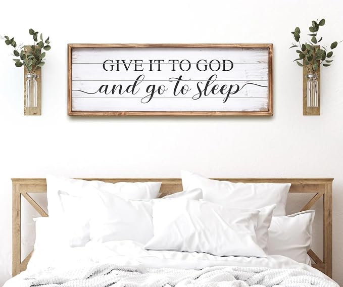 Give It to God and Go to Sleep Sign 42''×15'' Large Above Bed Wall Decor Farmhouse Bedroom Decor Wood Guest Room Decor Framed Wall Art Rustic Master Bedroom Wall Decoration