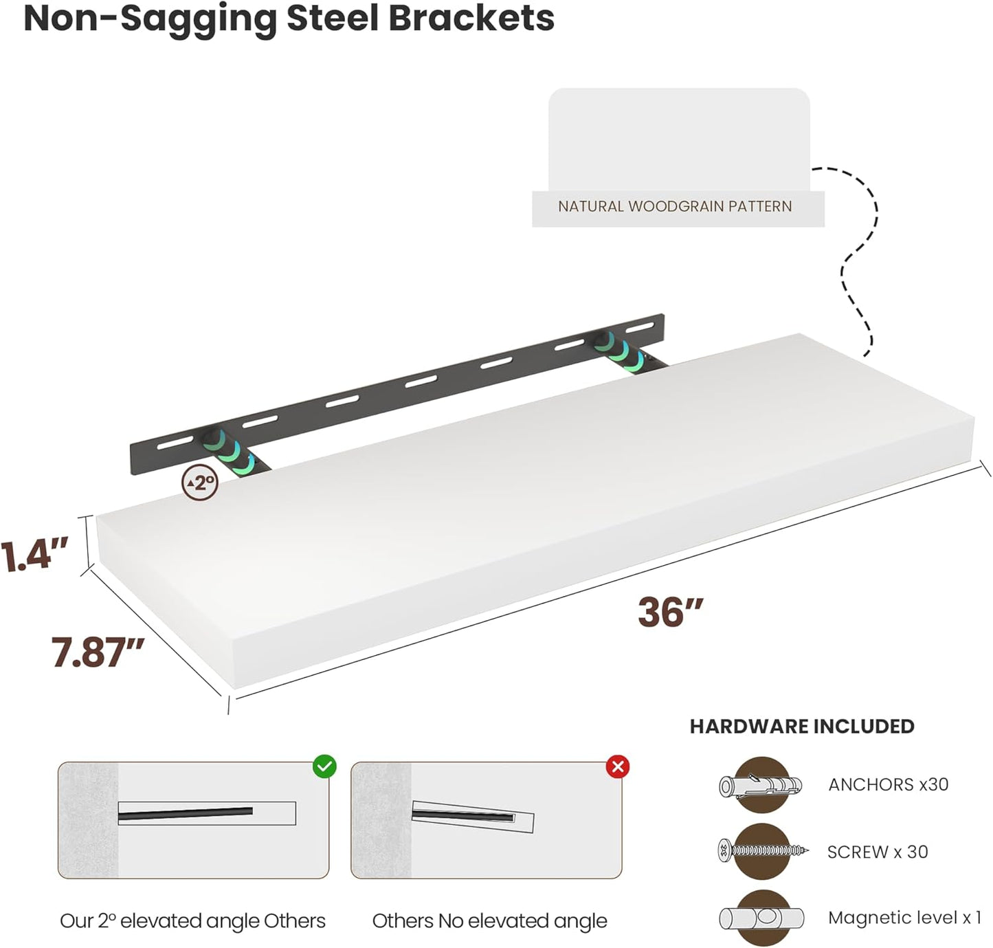 Floating Wood Shelves for Wall 36 Inches x 8”x 1.4” Shelf Floating Home Decor, Heavy Duty Shelf Hold 80 lbs, Wall Shelves for Bathroom Living Room Kitchen Bedroom Office - Set of 2 White