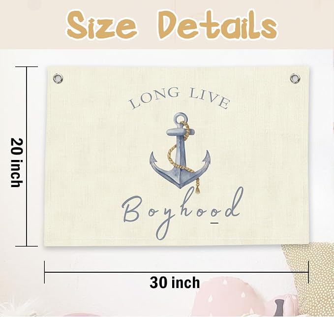 RTXLEZM Nautical Boy Nursery Decor, Long Live Boyhood Canvas Banner | Anchor Nautical Ocean Coastal Wall Art Prints for Kids Toddler Boys Nursery Room Bedroom Playroom Decor, 20x30 Inch