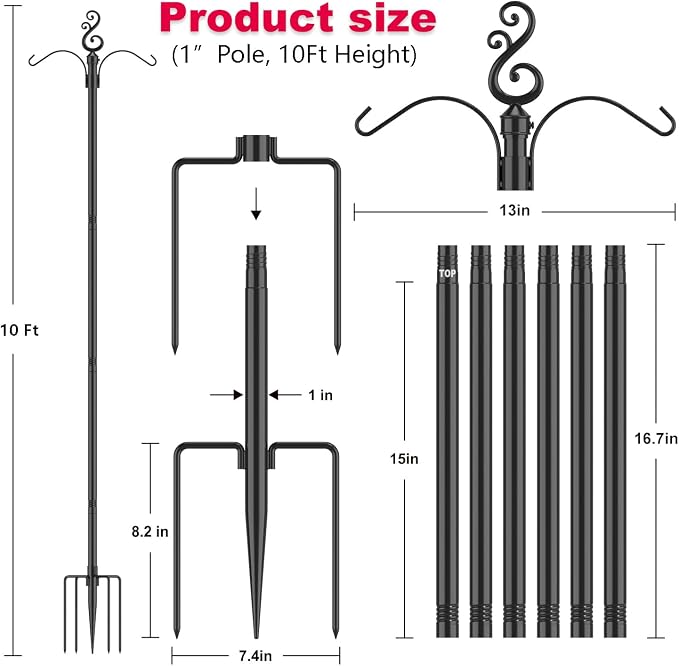 10 Ft Height 1 Inch Diameter String Light Poles StringLight Stand with Hooks Metal Poles for Outside Patio Yard Garden Backyard (10Ft Pole with Hooks, 4)