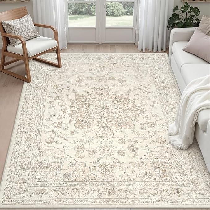 3x5 Area Rugs for Living Room: Vintage Boho Neutral Washable Rug Indoor Soft Large Area Rug Carpet for Bedroom Nursery Farmhouse Dining Room Office Floor Non-Slip Low Pile Under Table Rug Beige White