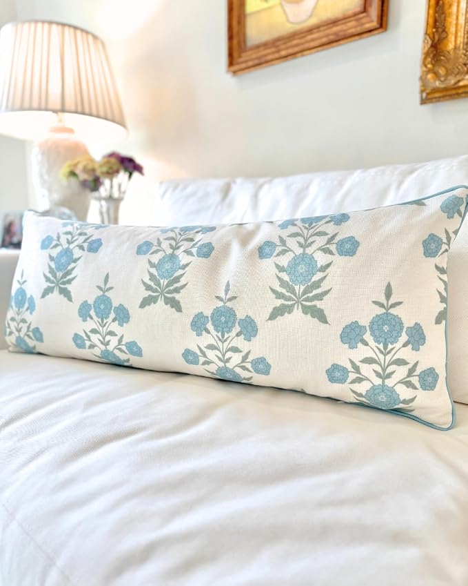 Jillien Harbor Amelia Lumbar 14" x 36" Floral Throw Pillow Cover Blockprint Grandmillennial Home Decor
