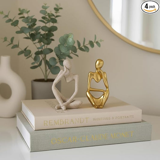 Decorative Books & Thinker Sculptures Set - Linen Boxes & Resin Figurines Enhance Your Coffee Table, Bookshelf or Mantle Decor - Living or Dining Room Home Decoration Aesthetic, Photo/Keepsake Storage