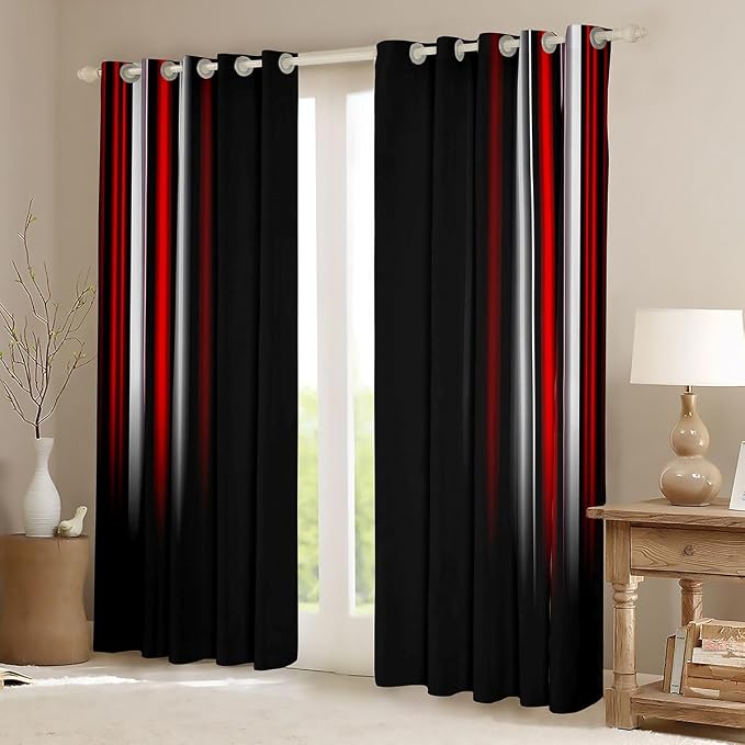 jejeloiu Geometric Strip Lines Curtains Kids (2 Panels, 42 x 90 Inch) Curtainsative Modern Darkening Dreapes Abstract Gradient Style Red Black White Window Treatments Blackout