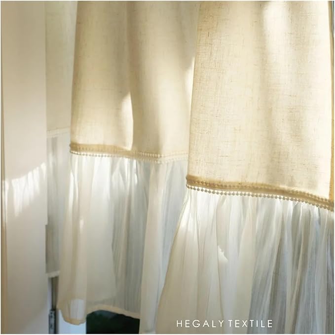 Modern Farmhouse Cotton Linen Curtain Country Ruffle Cafe Semi-Transparent Small Tier Decor(W60xH90cm)