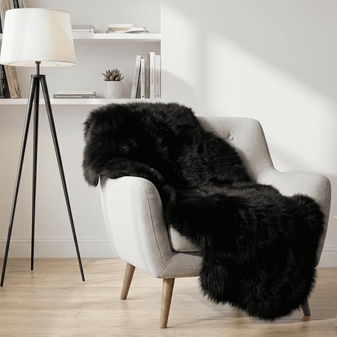 Fluffy Patchwork Sheepskin Rug with Little Patches-Fuzzy Shaggy Fur Genuine Wool Area Carpet for Bedroom Living Room Floor, Pray Pup Mat, Chair Sofa Seat Cover Black 2' x 6'