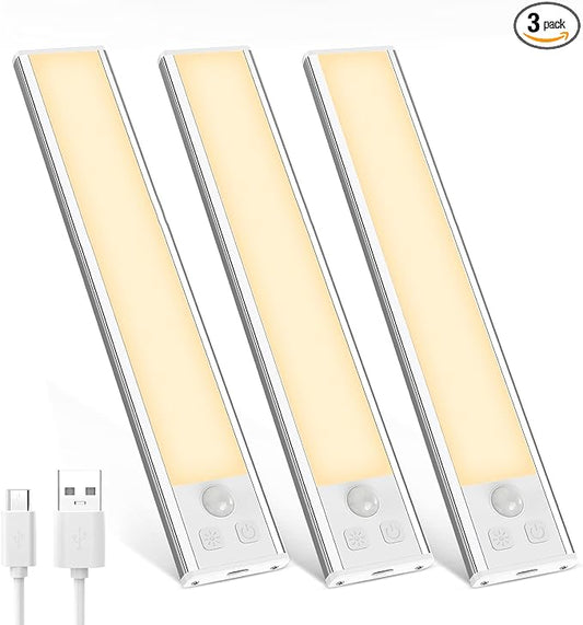 3 Pack Under Cabinet Lights, 32 LED Warm White Rechargeable Under Cabinet Lighting Motion Sensor LED Lights for Kitchen, Counter, Closet, Stairs (Silver - Warm White Light, 8.07 Inch - 3 Pack)
