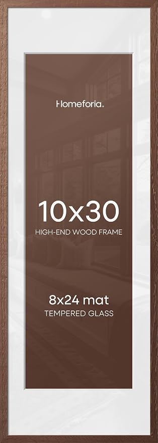 Homeforia 10x30 Picture Frame Brown, High End Dark Oak 10x30 Walnut Wood Poster Frame with Mat 8x24 Print, 10 x 30 Wooden Frame Matted to 8 x 24 Photo, 30x10 Frames, Tempered Glass, Wall Kit, Set of 2