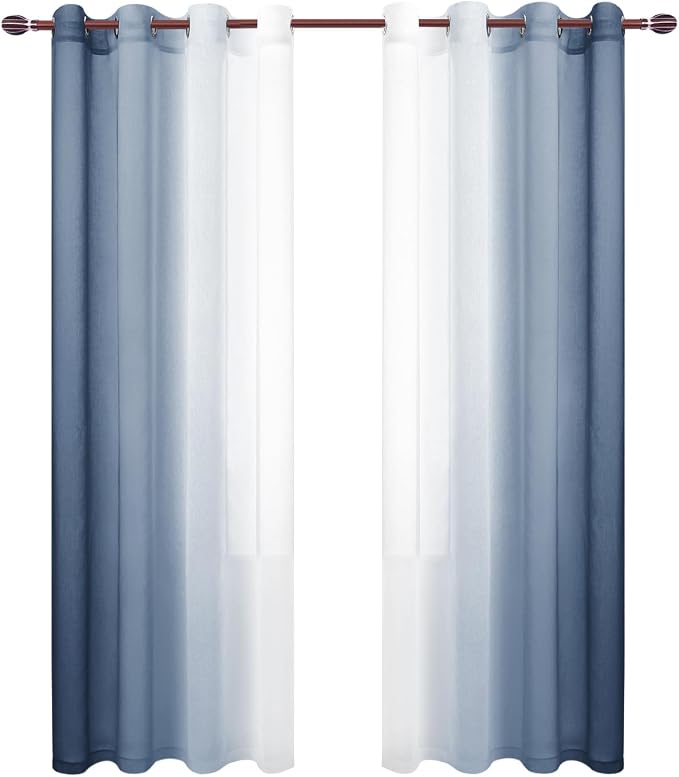 DWCN Blue Faux Linen Ombre Sheer Curtains - Gradient Semi Voile Curtains for Bedroom and Living Room, Set of 2 Grommet Top Window Curtain Panels, 52 x 90 Inches Long, Denim Blue