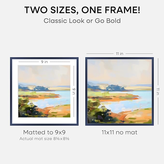 Homeforia 11x11 Navy Blue Picture Frame, High End Metal 11 by 11 Square Frames with Mat 9 x 9 Photo, 11by11 Poster Frame Matted to 9x9 inch Art, Wall Hanging Frames, Tempered Glass, Wall Kit, Set of 2