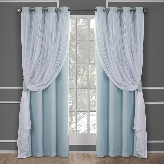 TOWN & COUNTRY LUXE Talia Double Layer Indoor Curtains, Sheer and Room Darkening Blackout, Grommet Top, Energy Efficient, 2-Pack Set, 52"x96", Aqua