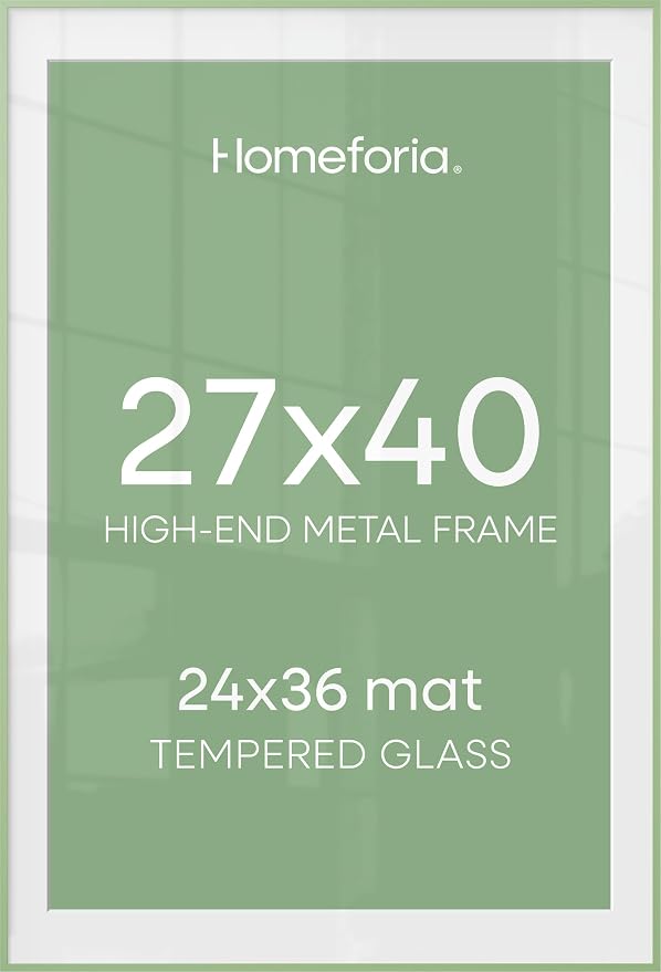 Homeforia 27x40 Poster Frame Sage Green, High End Metal 27x40 Large Picture Frames with Mat 24x36 inch Photo, 27 x 40 Thin Frame Matted to 24 x 36 Art, 40x27 Frames, Tempered Glass, Wall Kit, Set of 1
