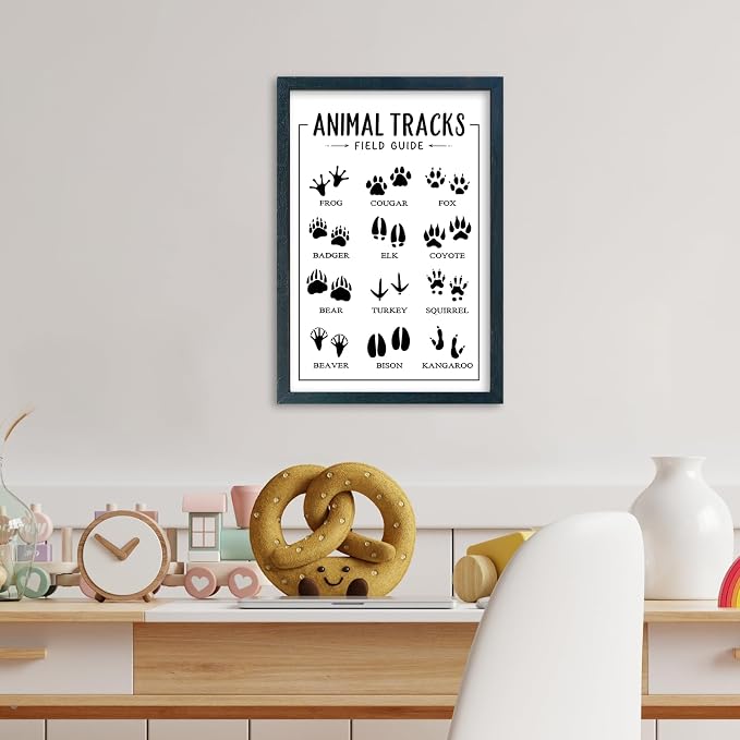 YWJKWLGS Animal Tracks Field Guide Wall Art, 11x16 Framed Kids Room Decor | Wildlife Poster, Rustic Kids Room Decor