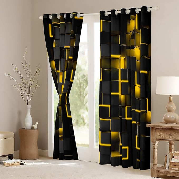 Feelyou Yellow and Black Darkening Drapes (2 Panels, 52 x 84 Inch) Light Geometric Curtains for Bedroom Living Room Girls Decor Blackout Curtains Modern Style Window Treatments