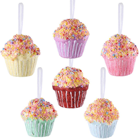 Cupcake Party Decorations Ornaments,6pcs Hanging Christmas Tree Candy Ornaments, Macaron Color Mini Dessert Cupcake Pendant Set for Xmas New Year Birthday Home Party Supplies (Cake)
