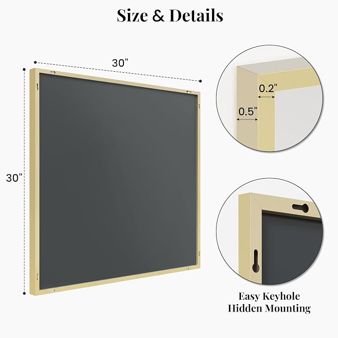 30"x30" Satin Gold Framed Square Bathroom Vanity Wall Mirror | Accent Wall Mirror, Square Geometric Look, Slim Metal Frame, Living Room or Entryway, Keyhole Mount, Tempered Glass