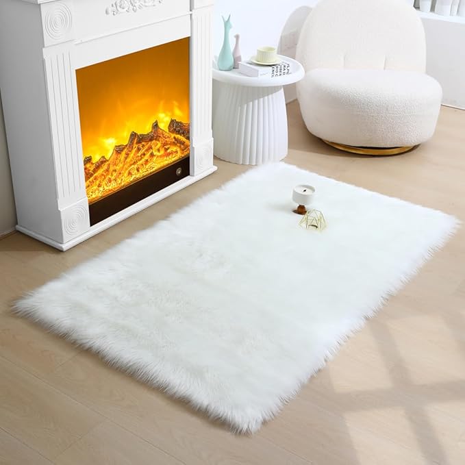 White Faux Fur Rug Fluffy Sheepskin Area Rug,2x4 Ft Ultra Soft Shaggy Plush Rug for Bedroom Bedside Living Room Nursery Kids Room