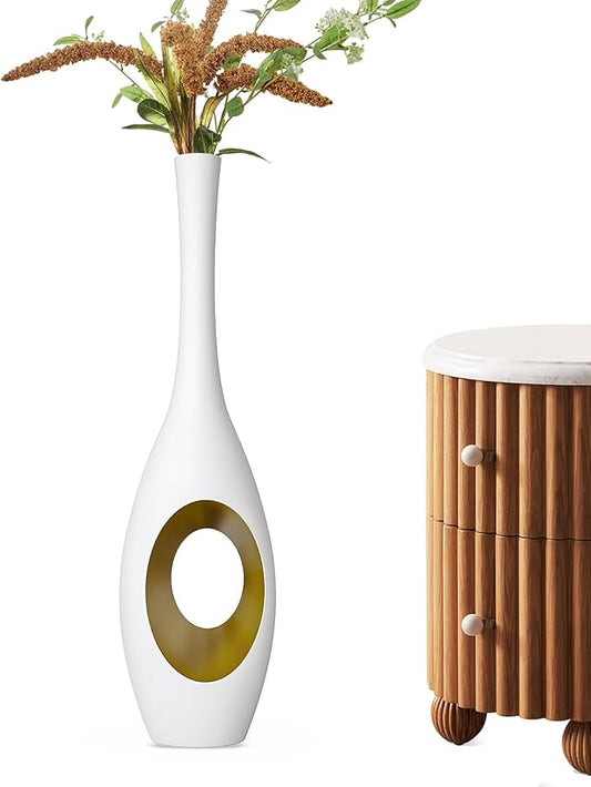 23.6 Inch White Vases – Modern Oval Floor Vase with Gold Cutouts & Slim Neck, Luxury Decorative Tall Vases for Living Room, Wedding, Home Decor – Resin Tall Floor Vase