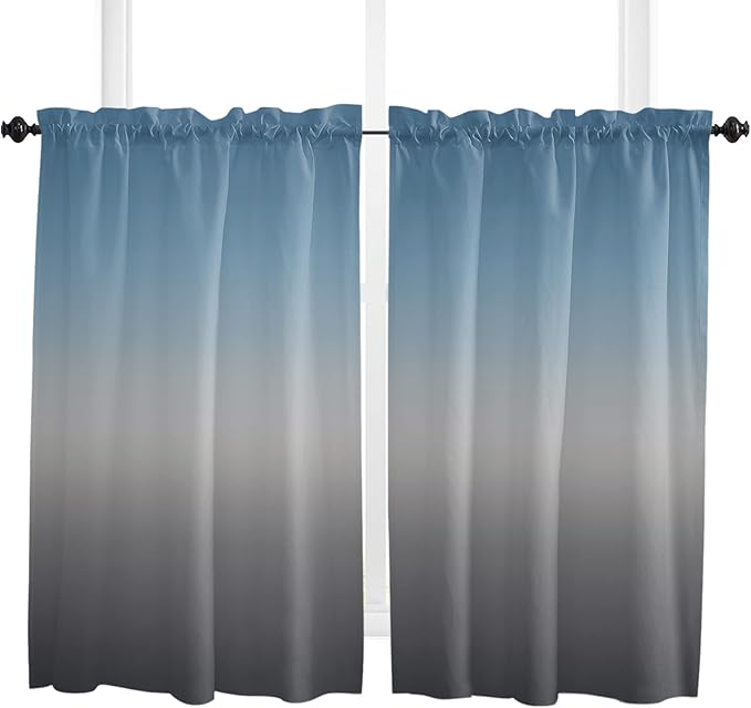 45 Inch Long Tier Curtains for Kitchen, Blue Gray Gradient Bathroom Window Curtains Rod Pocket Short Curtains Window Treatment Tiers for Living Room Farmhouse 2 Panels