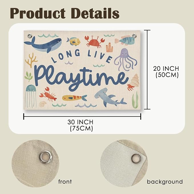 Playroom Wall Decor, Ocean Nursery Kids Toddler Boy Playroom Decor Hanging Linen Banner,Play Room Wall Decorations for Kids Boys Nursery, 20x30 Inch