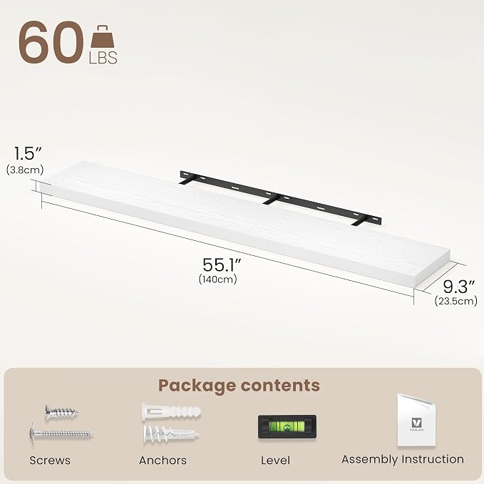 Vivelove White Floating Shelves 55 Inches Long, Wall Display Shelves with Invisible Brackets, for Bathroom Living Room Kitchen Bedroom Office Farmhouse Home Decor, 55x9.3X 1.5 - Set of 2, White