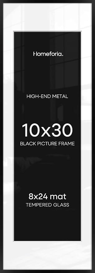 Homeforia 10x30 Picture Frame Black, High End Metal 10x30 Poster Frames with Mat 8x24 for Photo, 10 x 30 Black Frame Matted to 8 by 24 Print, 30x10 Panoramic Frames, Tempered Glass, Wall Kit, Set of 1
