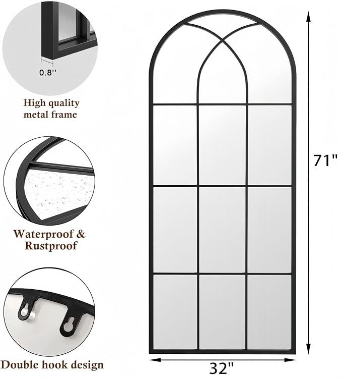 Dewfig 71"x32" Arched Window pane Full Length Mirror, Wall Mirror, Floor Standing Mirrors, Farmhouse Long Full Body Mirrors Wall Mounted for Living Room, Bedroom, Entryway, Fireplace, Black