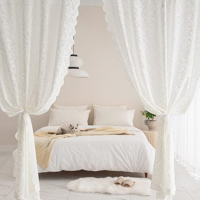 ALIGOGO Ivory Lace Curtains 84 Inches Long - Floral Sheer Curtains for Living Room, Scalloped Privacy Cream Vintage Lace Window Treatments 1 Pair, Rod Pocket, 52 x 84 Inch, Light Beige