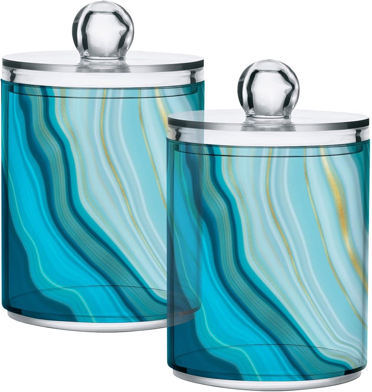 2 Pack Qtip Holder Dispenser Teal Turquoise Blue Marble Bathroom Storage Canister Lid Acrylic Plastic Apothecary Jar Set Vanity Makeup Organizer for Cotton Swab/Ball/Round Pads, Floss