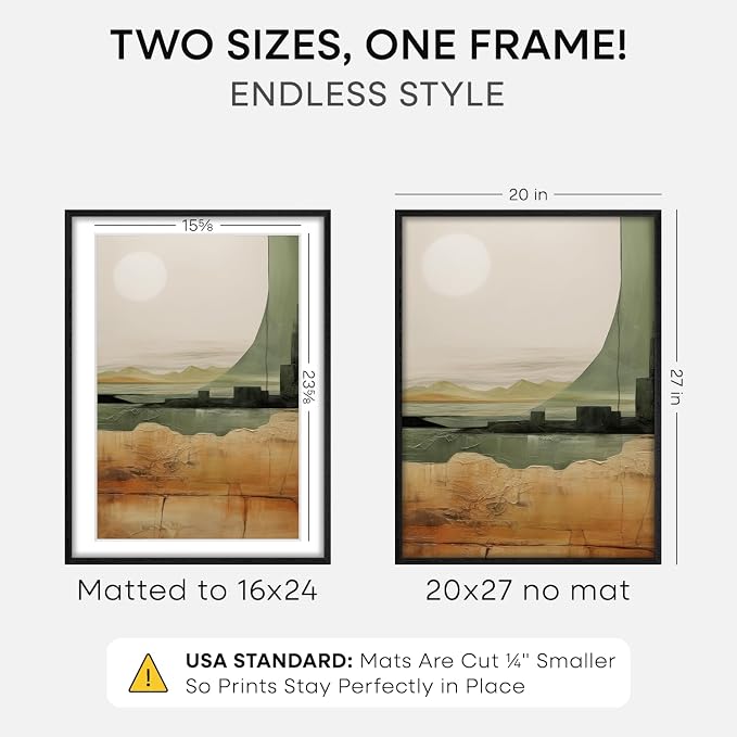 Homeforia 20x27 Picture Frame Black Wood, High End Oak 20x27 Poster Frames with Mat 16x24 Photo, 20 x 27 Wooden Frame Matted to 16 by 24 Print, 27x20 Hanging Frames, Tempered Glass, Wall Kit, Set of 1