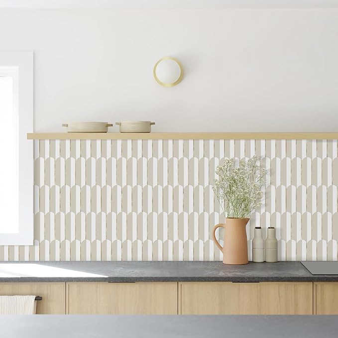 Vamos Tile Peel and Stick Backsplash Seamless Tile for Kitchen,White and Essaouira Taupe PVC Mixed Light Gold Self Adhesive Fish Scale Metal Mosaic Tiles (10 Sheets)