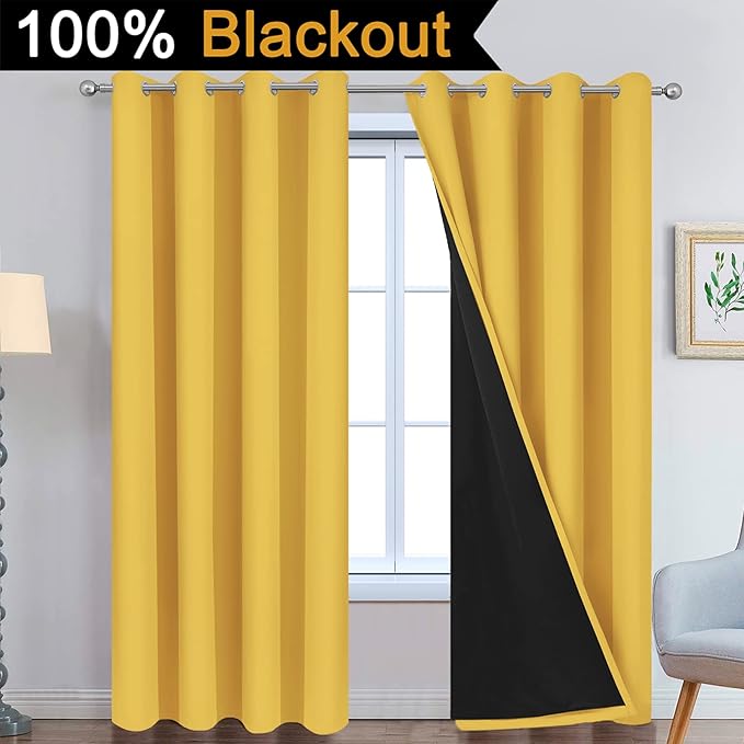 Yakamok Total Blackout Curtains, 2 Thick Layers Completely Blackout Thermal Insulated Drapes with Black Liner for Bedroom(52Wx96L, Mustard Yellow, 2 Panels)