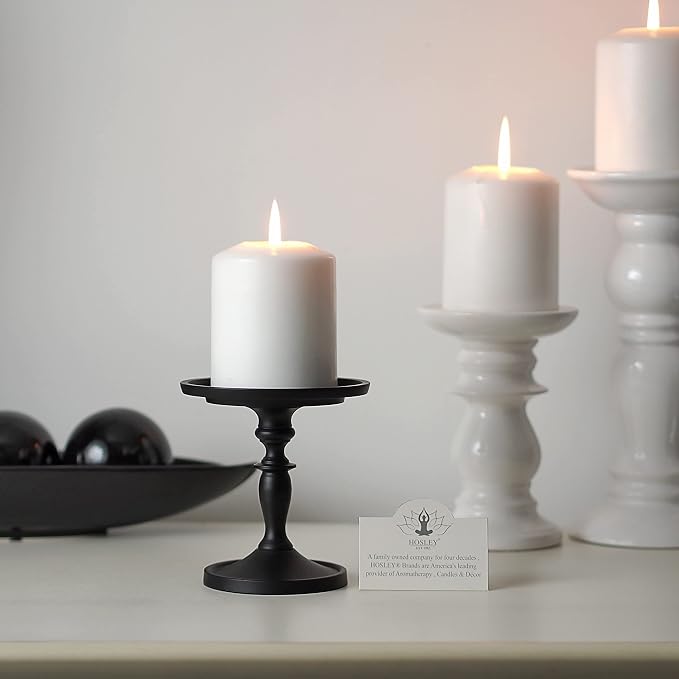 Hosley Aluminum Metal Decorative Pillar Candle Holder Black Finish Set of 4 for Candles or Display, 4.75” High - Ideal for Weddings, Parties, Events, Home Decor, Gifts, Elegant