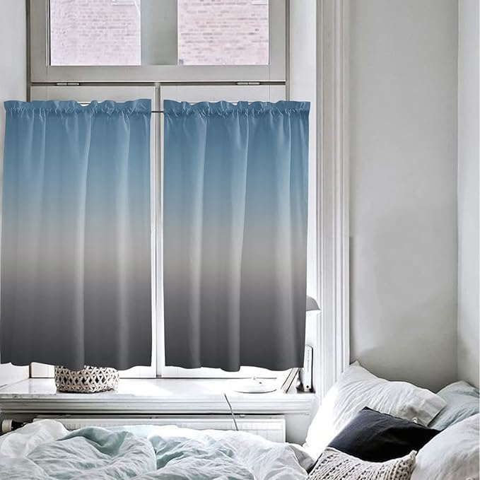 45 Inch Long Tier Curtains for Kitchen, Blue Gray Gradient Bathroom Window Curtains Rod Pocket Short Curtains Window Treatment Tiers for Living Room Farmhouse 2 Panels