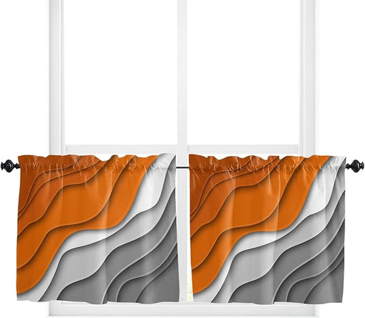 24 Inch Long Tier Curtains for Kitchen, Abstract Beach Aesthetic Grey to Orange Gradient Bathroom Window Curtains Rod Pocket Short Curtains Window Treatment Tiers for Living Room Farmhouse 2 Panels