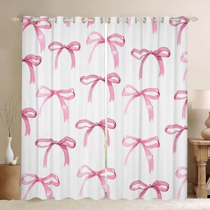 Feelyou Bow Room Darkening Blackout Curtain Boys Girls (2 Panels, 52 x 90 Inch) Cute Bowknot Curtains for Bedroom Living Room Pink Girls Bow Blackout Curtains Kawaii Window Treatments