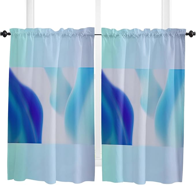 Kitchen Tier Curtains 45 inches Length, Blue White Ombre Teal Turquoise Gradient Window Curtains for Living Room Bath Cafe,Rod Pocket Light Filtering Drapes Short Half Window Treatment Tiers 2 Panels