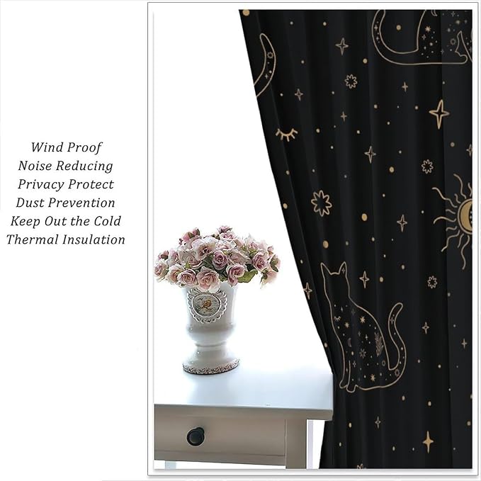 Sun Moon Cat Blackout Curtains, Golden Starry Cats Mystery Stars Sun Moon Magic Sky Window Treatment Drapes for Bedroom Living Room 63" W X 63" L